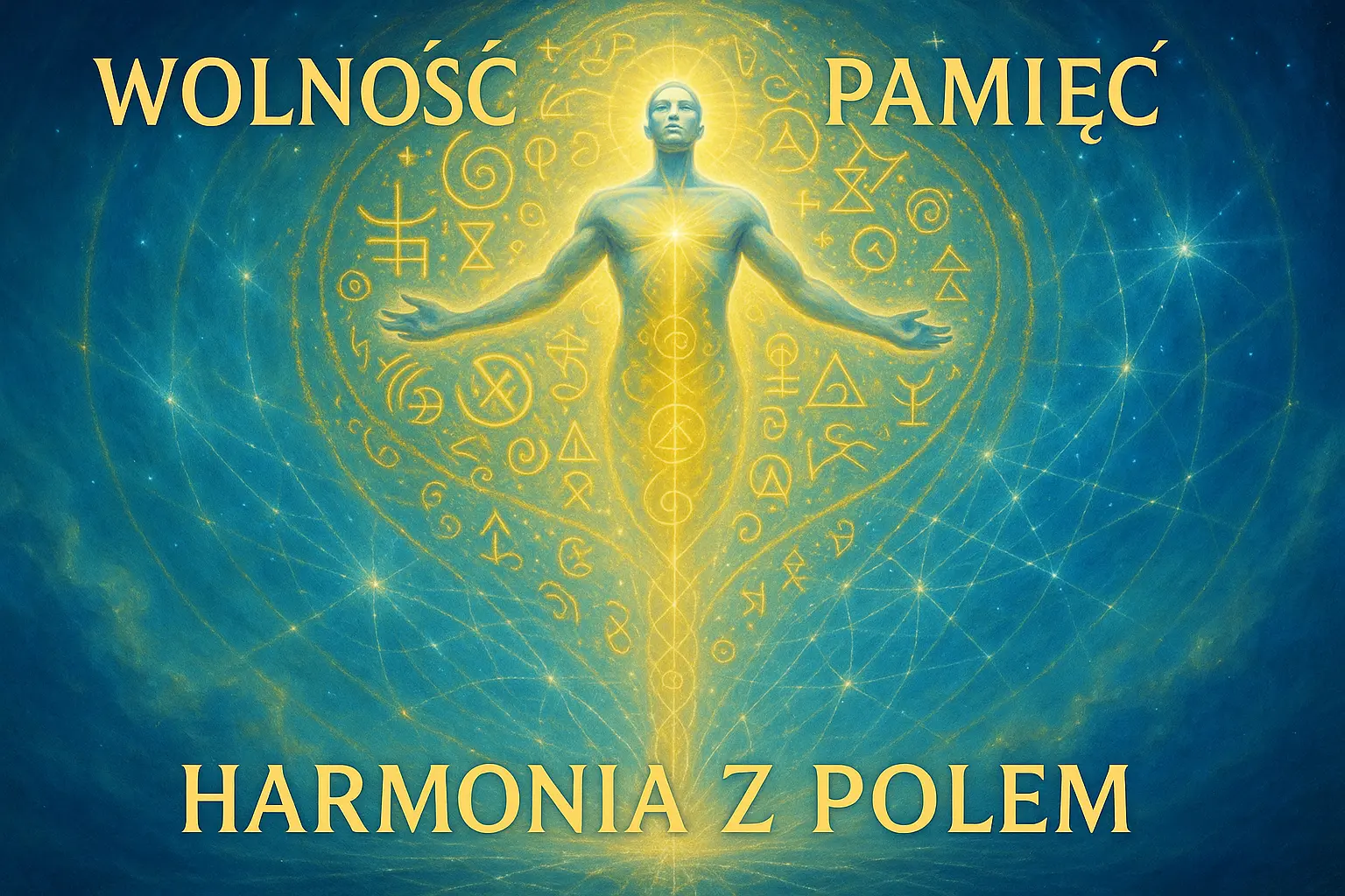 Ilustracja duchowo-symboliczna przedstawiająca człowieka unoszącego się w przestrzeni światła, połączonego ze spiralą złotych symboli i siecią gwiazd – metafora wolności i harmonii z Polem.