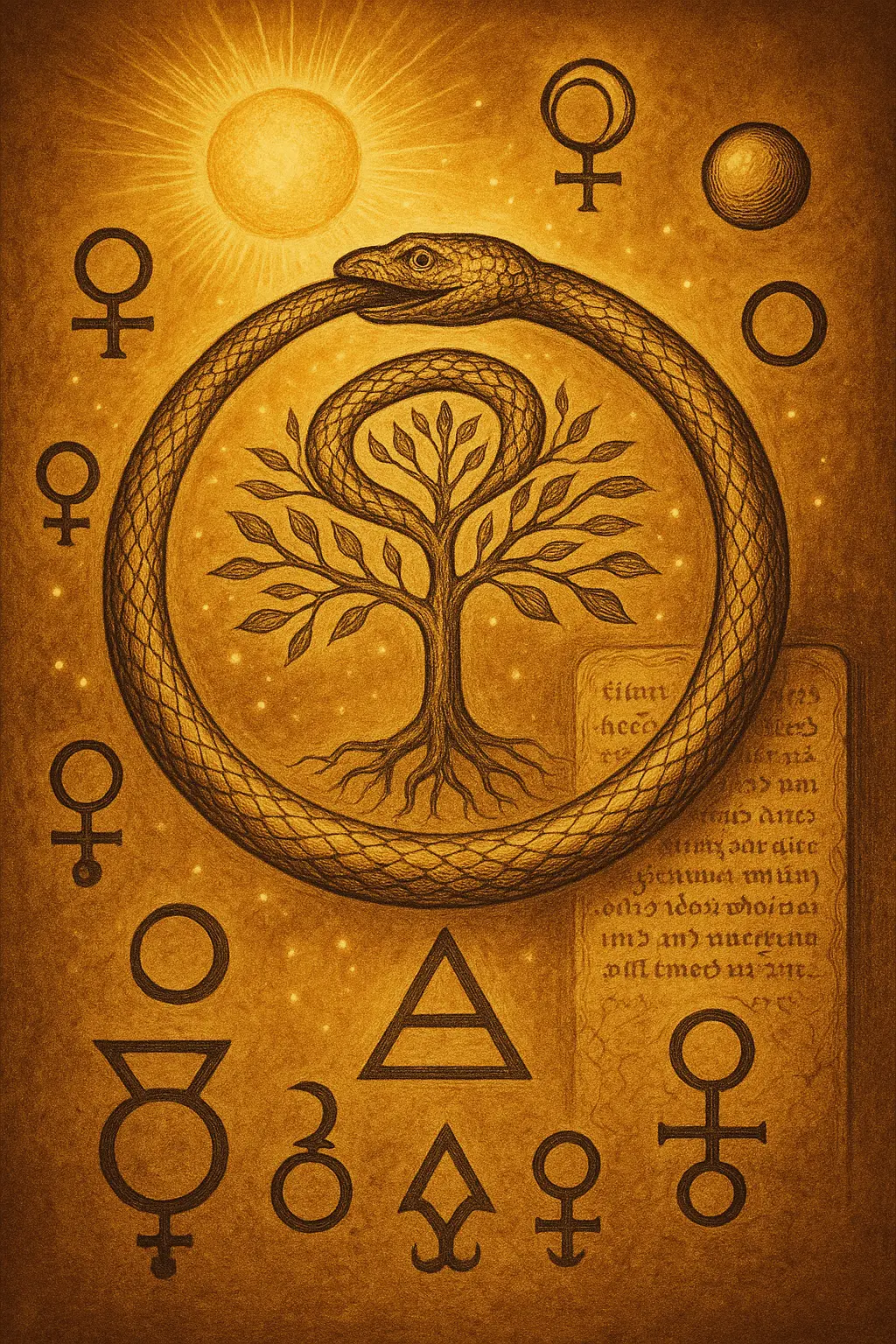 Symboliczny kolaż hermetycznych symboli alchemicznych, Ouroboros otaczający Drzewo Życia, planetarne glify unoszące się w złotej aurze, Szmaragdowa Tablica wyryta starożytnym pismem w tle