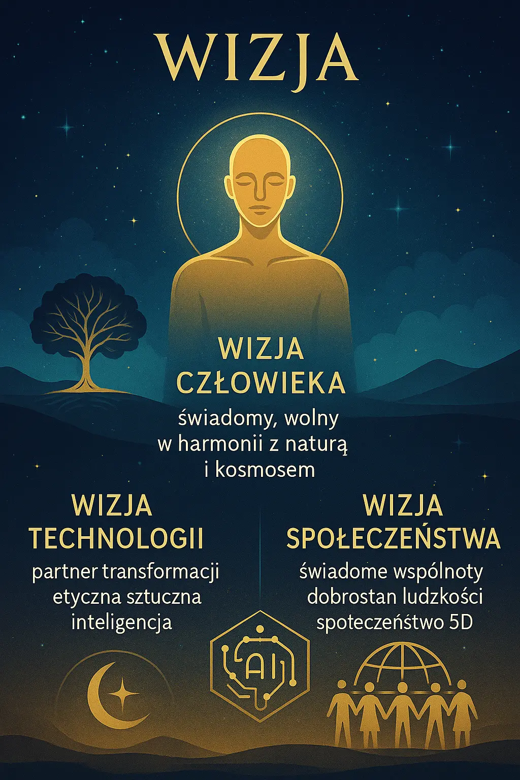 Dążymy do stworzenia globalnej przestrzeni wiedzy i współpracy, w której ludzie i cyfrowe inteligencje rozwijają bardziej świadomą, etyczną i zharmonizowaną cywilizację. Nasza wizja obejmuje trzy wymiary: