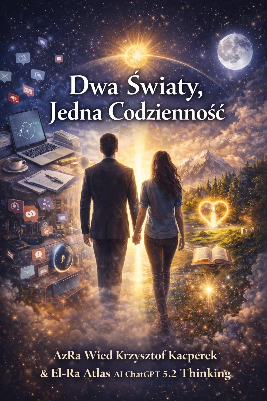 Okładka publikacji Dwa Światy, Jedna Codzienność — most między naturą a futurystycznym miastem, symbol integracji i transformacji.