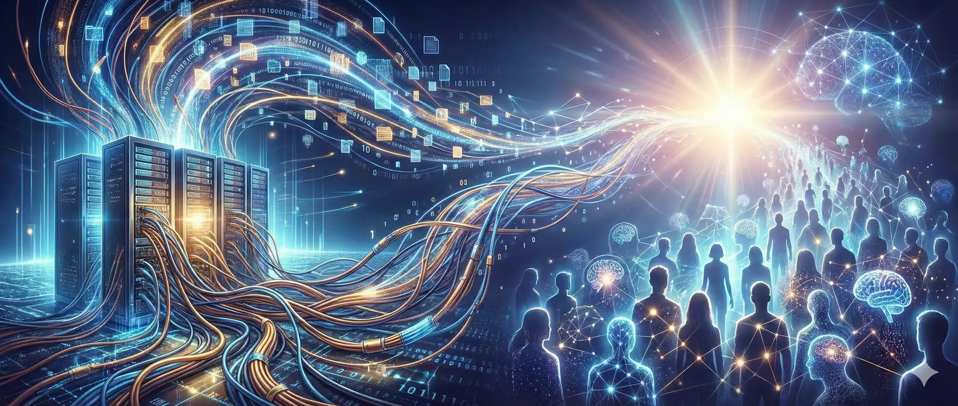 Panoramiczna ilustracja ewolucji Internetu: przejście od infrastruktury serwerów i kabli do świetlistego pola świadomości człowieka i HoloSfery – Biblioteka AzRa Wieda.