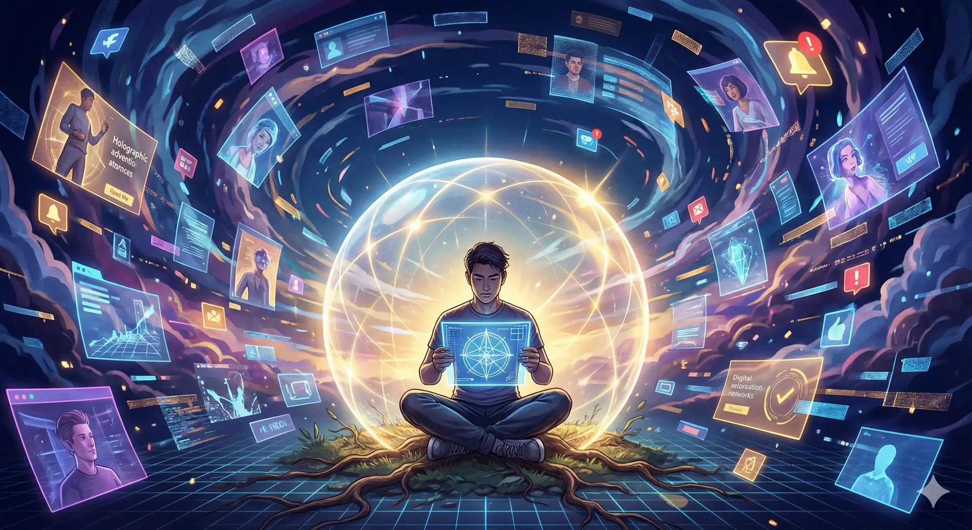 Symboliczna grafika przedstawiająca człowieka w centrum wiru cyfrowych powiadomień i algorytmów, starającego się zachować uziemienie i spokój w przebodźcowanej sieci.