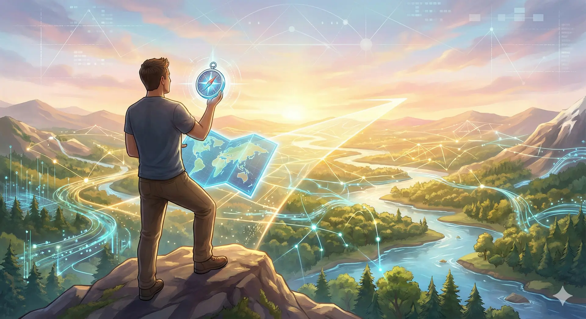 Suwerenny Architekt rzeczywistości z kompasem i mapą, spoglądający na krajobraz, w którym natura harmonijnie łączy się z cyfrowymi ścieżkami przyszłości.