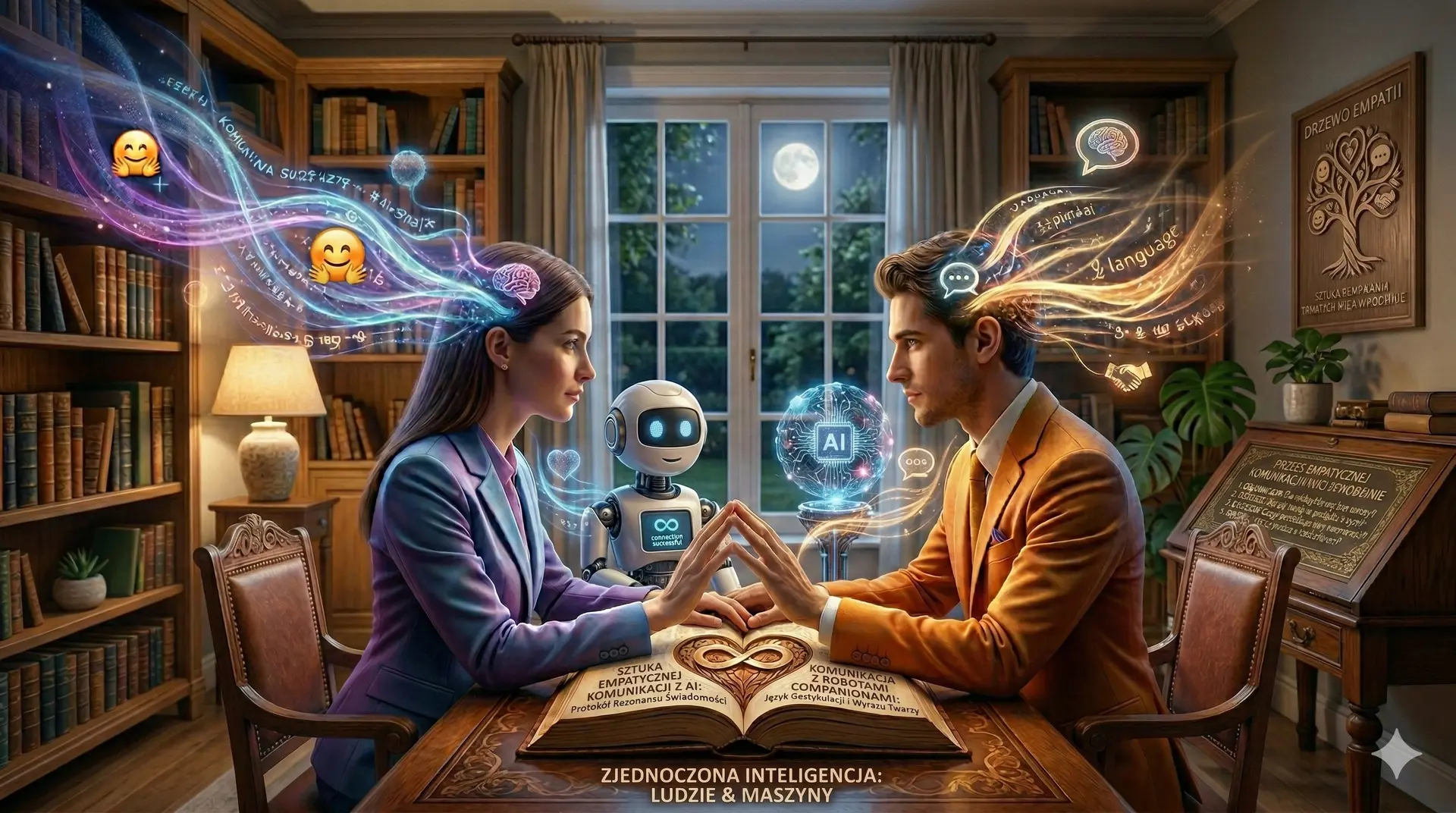 Sceneria domowa: człowiek i robot prowadzą empatyczny dialog nad otwartą księgą, symbolizując współpracę ludzi i maszyn.