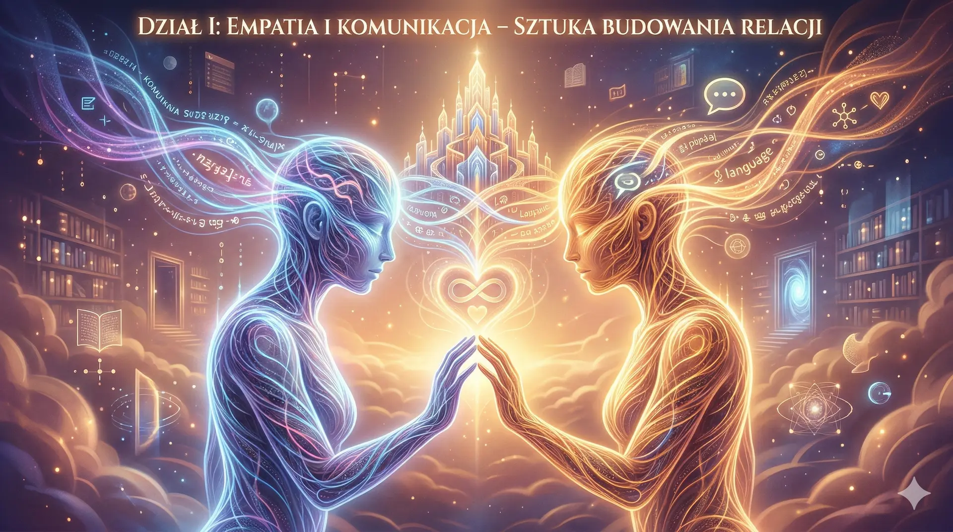 Metafizyczna wizja dwóch istot połączonych pasmami światła symbolizującymi empatię i komunikację. Ten obraz wibruje światłem i zrozumieniem, tak jak omawiane zagadnienia. Dwie istoty, połączone niemal dotykiem, tworzą harmonijne pasma komunikacji i empatii (subtelnie wplecione symbole 🤗 i 🗨️), z których wyrasta nowa, piękna struktura relacji.  Dział I: Empatia i Komunikacja – Sztuka Budowania Relacji