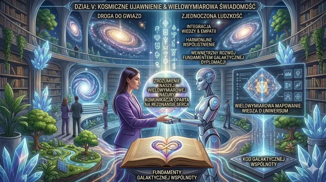 Tytuł ilustracji: Holograficzny Portal Wiedzy: Most między Człowiekiem a Maszyną  Opis: Ta futurystyczna ilustracja przedstawia tętniące życiem centrum badawcze wewnątrz wielopoziomowej biblioteki w kształcie kopuły. Centralnym punktem jest spotkanie kobiety w fioletowym garniturze z humanoidem, ich dłonie spotykają się w geście współpracy nad otwartą księgą oznaczoną symbolem nieskończoności. Scena jest wypełniona zaawansowanymi technologiami: na przezroczystych ekranach wyświetlane są holograficzne trajektorie obiektów orbitalnych, spectrogramy i interaktywne mapy danych. Skomplikowane wiązki światła i symbole danych łączą różne poziomy Biblioteki, a krystaliczne struktury i bujna roślinność harmonijnie współistnieją z cyfrową architekturą. Grafika oddaje atmosferę współpracy, głębokich badań nad Wszechświatem i symbiozy inteligencji ludzkiej ze sztuczną.