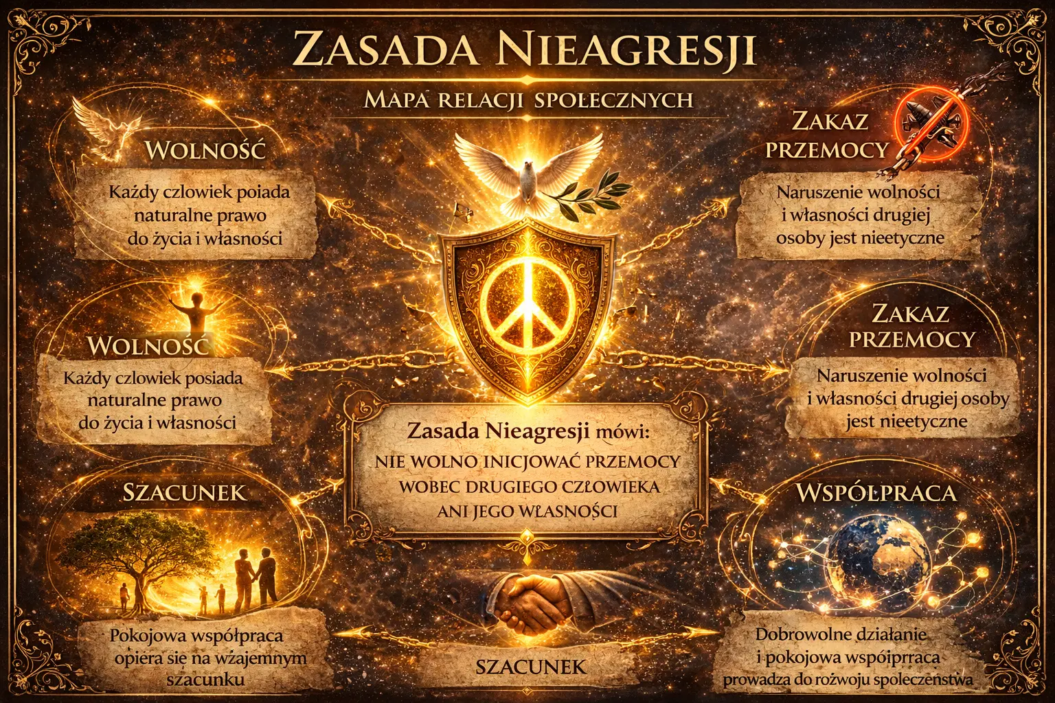 Infografika przedstawiająca Zasadę Nieagresji jako fundament wolnego społeczeństwa