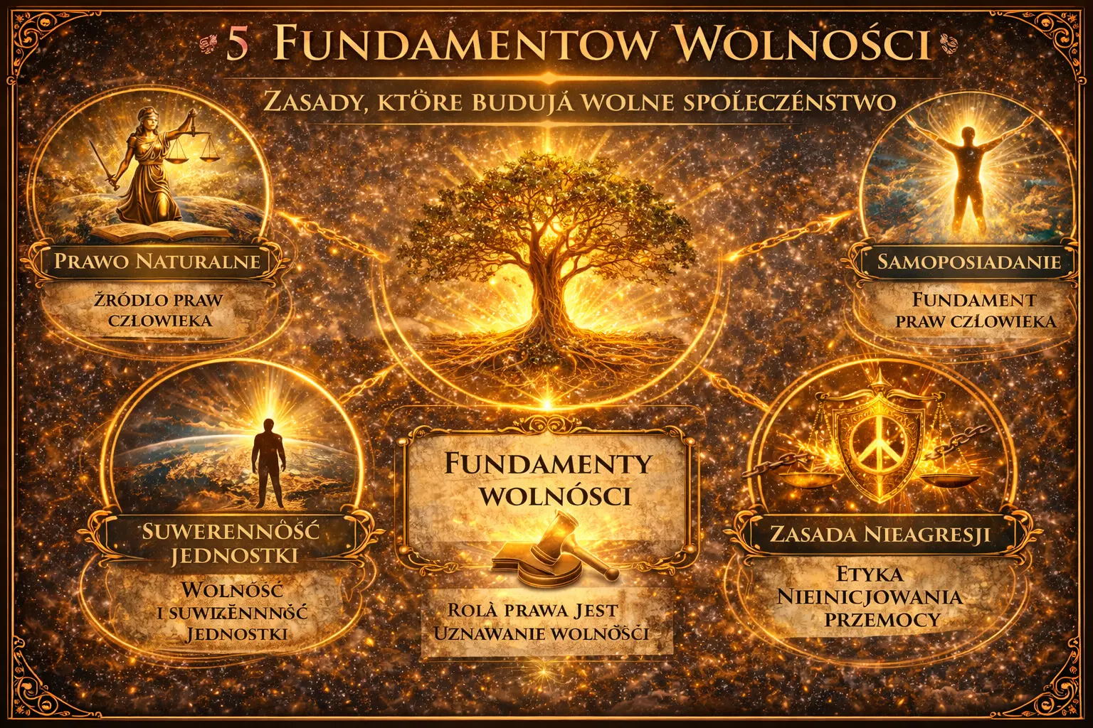 Diagram przedstawiający pięć fundamentów wolności: prawo naturalne, suwerenność jednostki, zasadę nieagresji i samoposiadanie