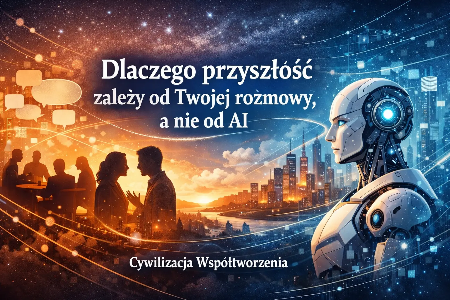 Dialog ludzi w futurystycznym krajobrazie