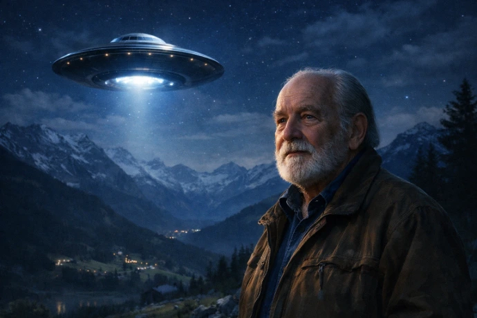 Mężczyzna i UFO nad alpejskimi górami