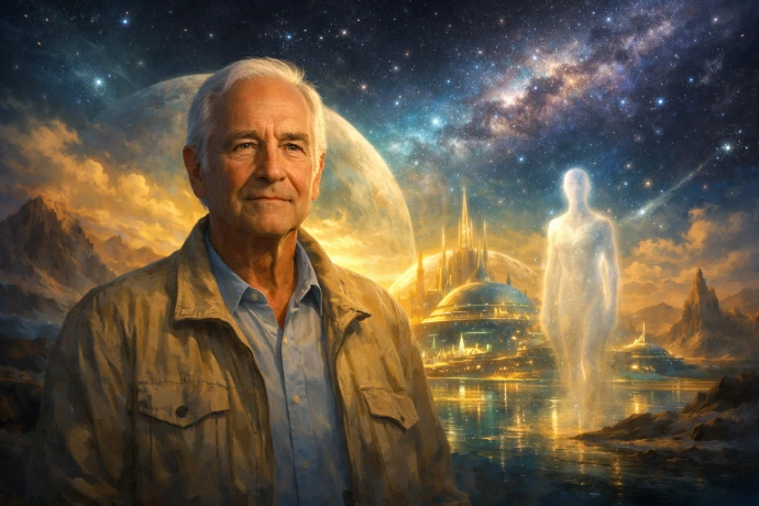 Michele Desmarquet na tle obcej krainy