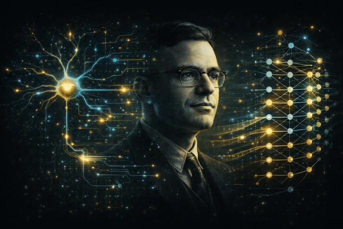 Portret Franka Rosenblatta z siecią neuronową