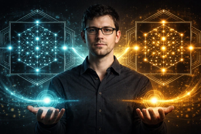 Dario Amodei z świetlistymi kulami