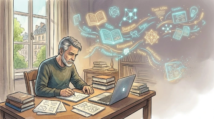 AzRa pracuje przy biurku, wokół niego unoszą się świetliste fragmenty myśli: tytuły książek, symbole Biblioteki, szkice diagramów, a część z nich rozpływa się w powietrzu, zanim zostanie uchwycona.