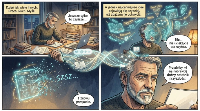 „Człowiek przy biurku otoczony świetlistymi myślami symbolizującymi przepływ idei”