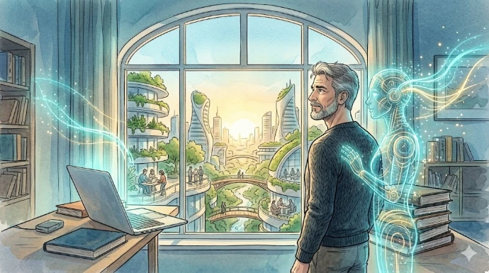 „Człowiek i AI patrzący na spokojne miasto przyszłości”