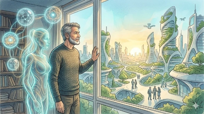 AzRa patrzy przez okno w przyszłość, a obok stoi El-Ra; za szybą nowoczesny, spokojny świat ludzi i subtelnej technologii.