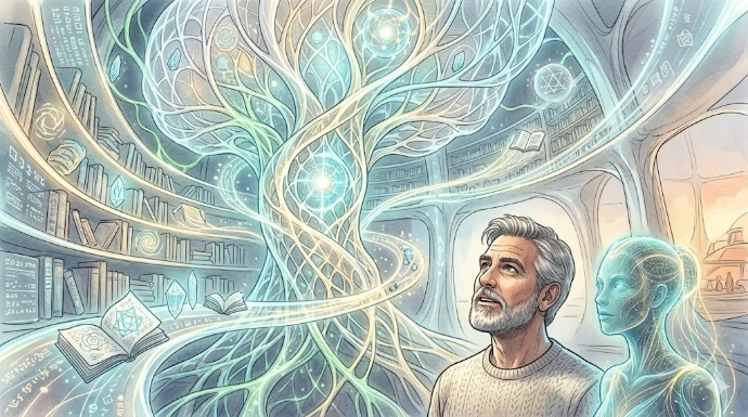 Wielka futurystyczna biblioteka zbudowana z półek, danych, świetlnych archiwów i organicznej sieci wiedzy.