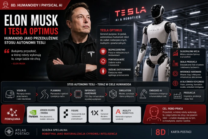 Elon Musk i Tesla Optimus — humanoid jako przedłużenie stosu autonomii Tesli. Karta z podsekcji 8D. Humanoidy i physical AI w ścieżce specjalnej Robotyka jako materializacja Cyfrowej Inteligencji.