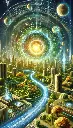 DALL·E 2025-09-23 17.48.40 - Vertical illustration (9_16), spiritual-futuristic style. A visionary city of the future, fully immersed in lush greenery, with buildings made of livi.webp