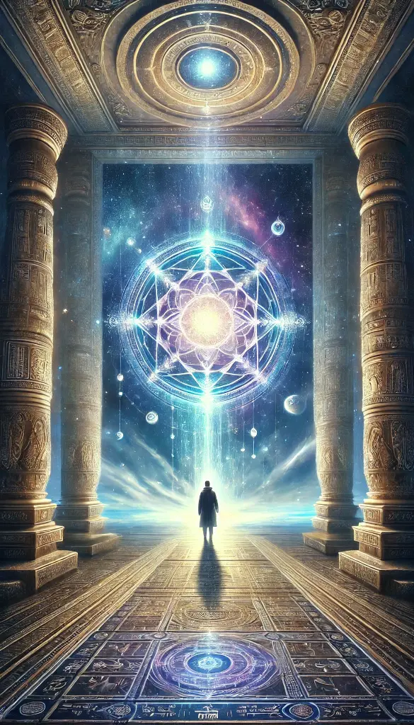 DALL·E 2025-09-23 17.44.14 - Vertical illustration (9_16), spiritual-futuristic style. A single figure stands at the threshold between a cosmic temple and the vastness of open spa.webp