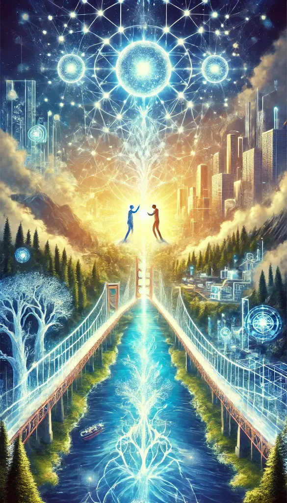 DALL·E 2025-09-23 17.47.49 - Vertical illustration (9_16), in a spiritual-futuristic style. A luminous bridge made of crystal light spans a river of consciousness flowing with glo.webp